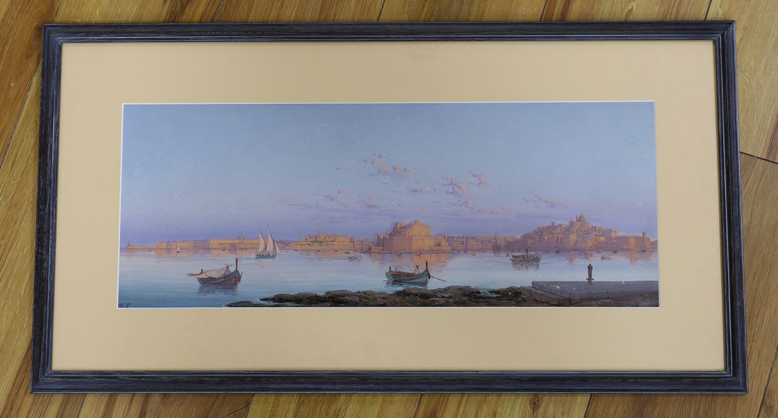 Luigi Maria Galea (Maltese, 1847-1917), oil on paper, View of Valetta harbour, Malta, initialled, 20 x 53.5cm
